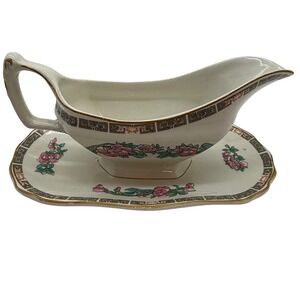 Wood & Sons Indian Tree Gravy Boat Underplate Burslem England‎ Floral Gold Trim